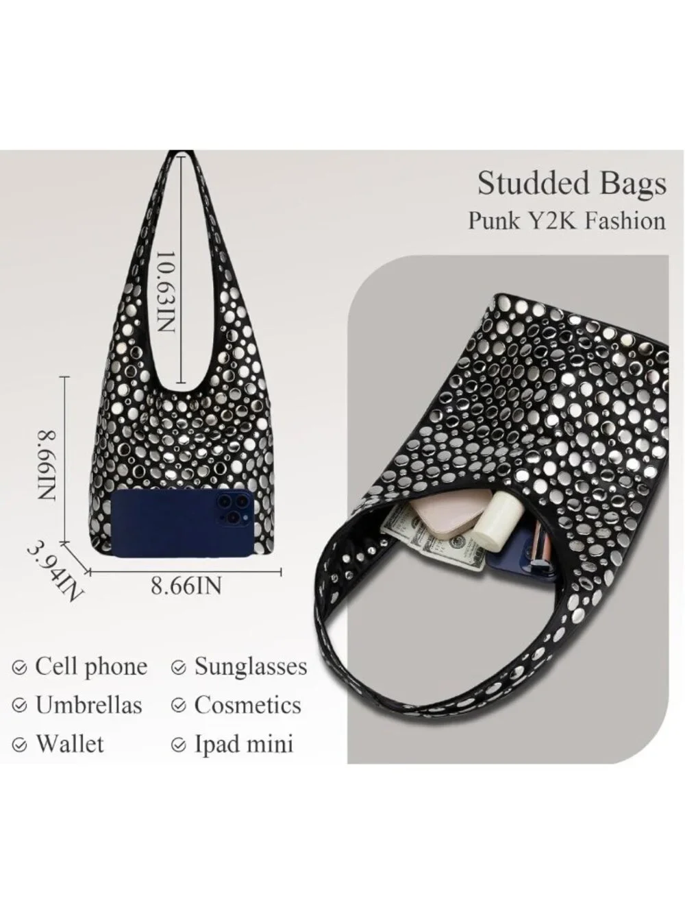 Punk-Inspired Studded HOBO Bag Luxury Trendy Chic Shoulder Handbag PU Leather